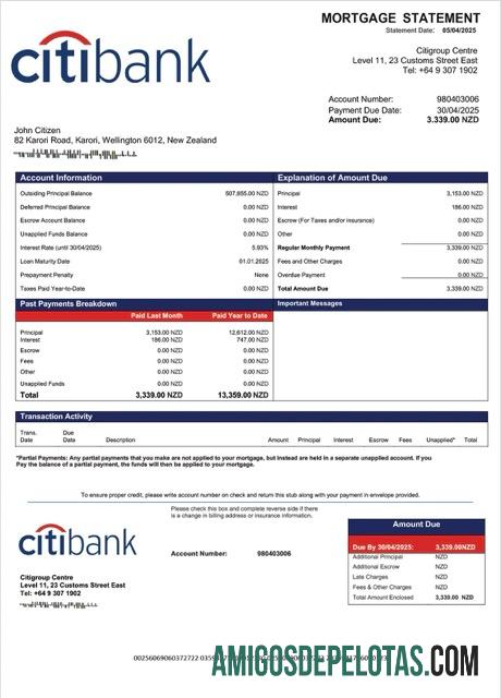 imprimível Modelo Word e PDF de declaração de hipoteca da Nova Zelândia Citibank Nova Zelândia